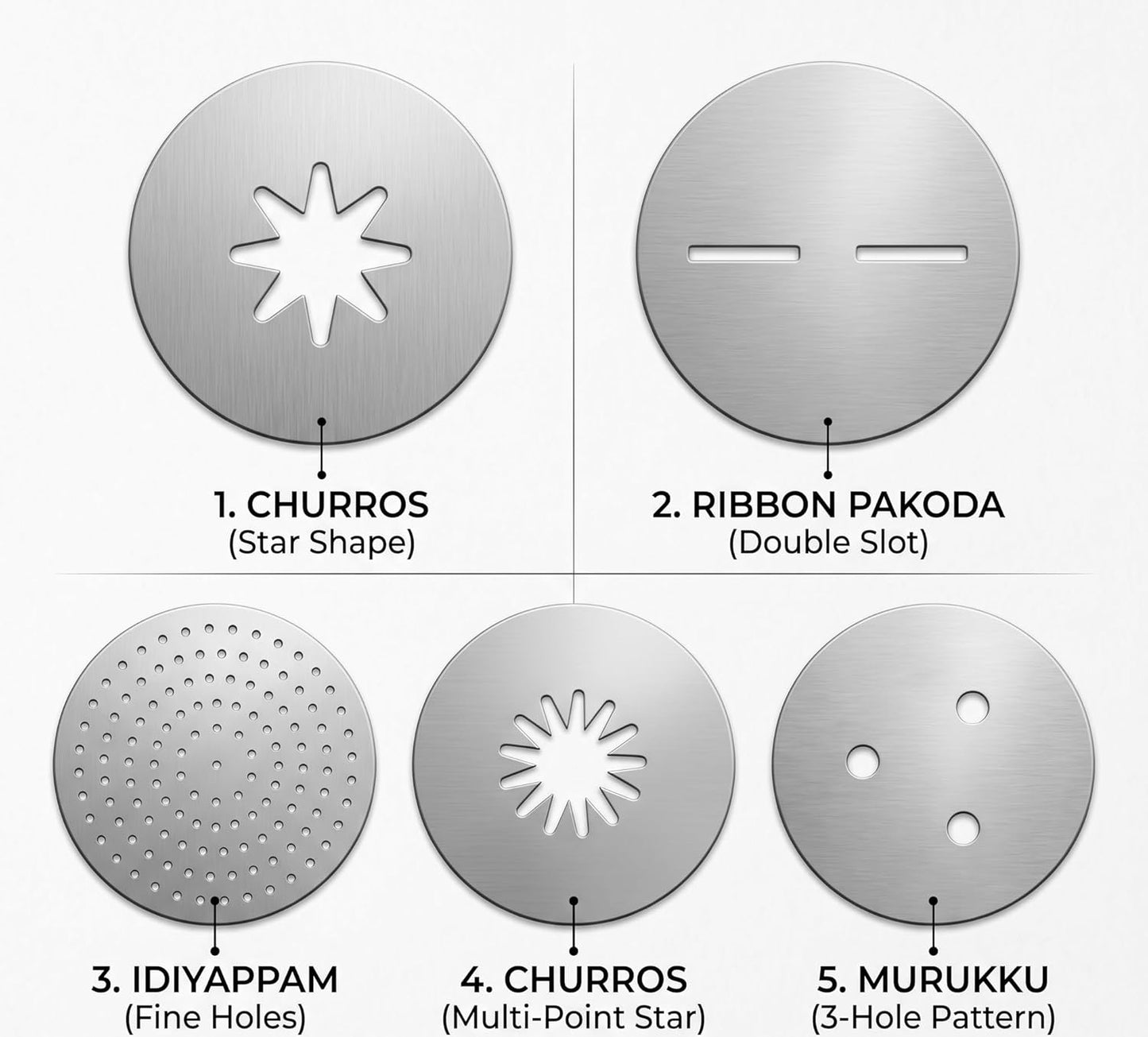 Mold Discs for Idiyappam, Murukku, Churros and more (5 Mold Set)