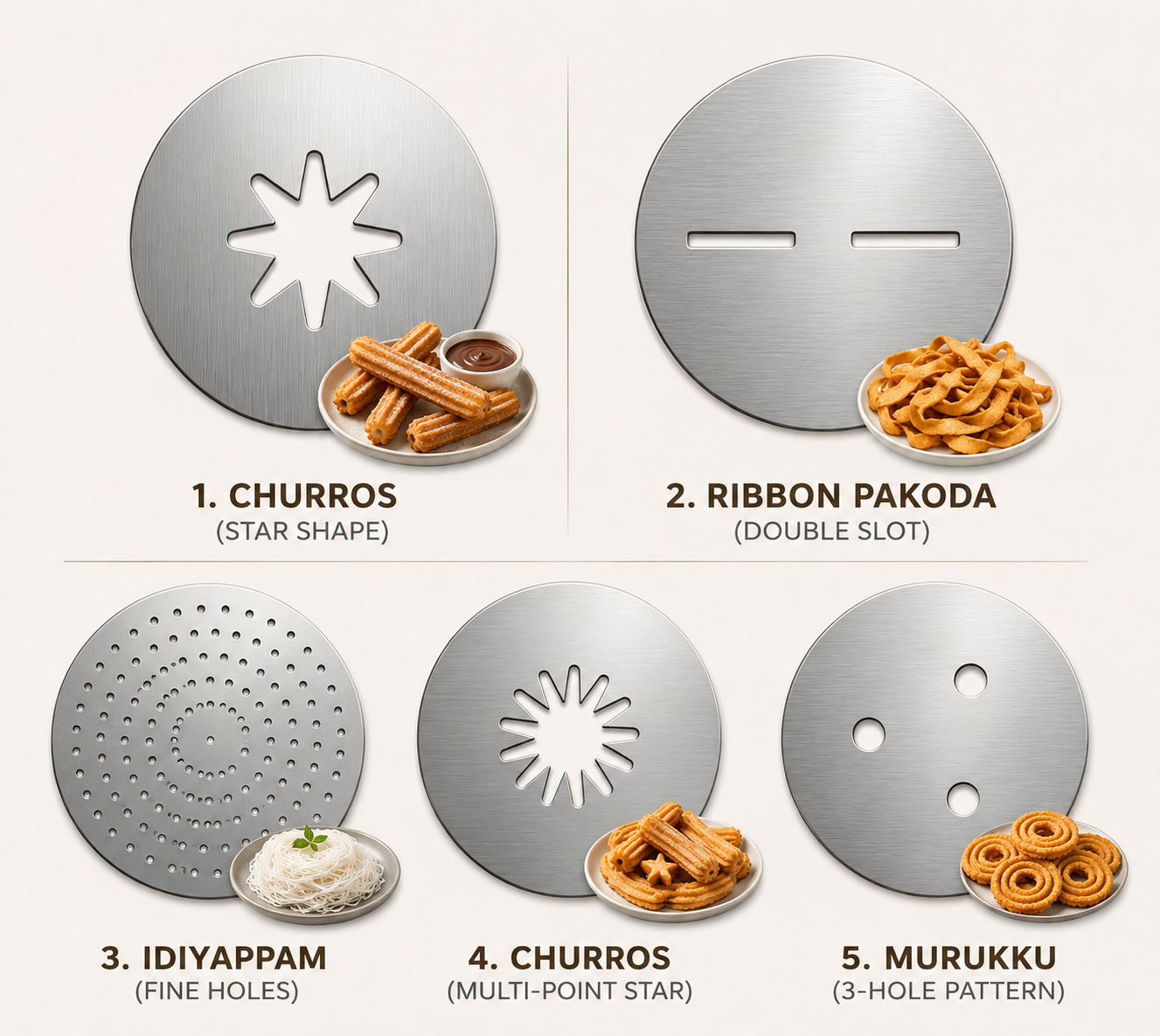 Mold Discs for Idiyappam, Murukku, Churros and more (5 Mold Set)